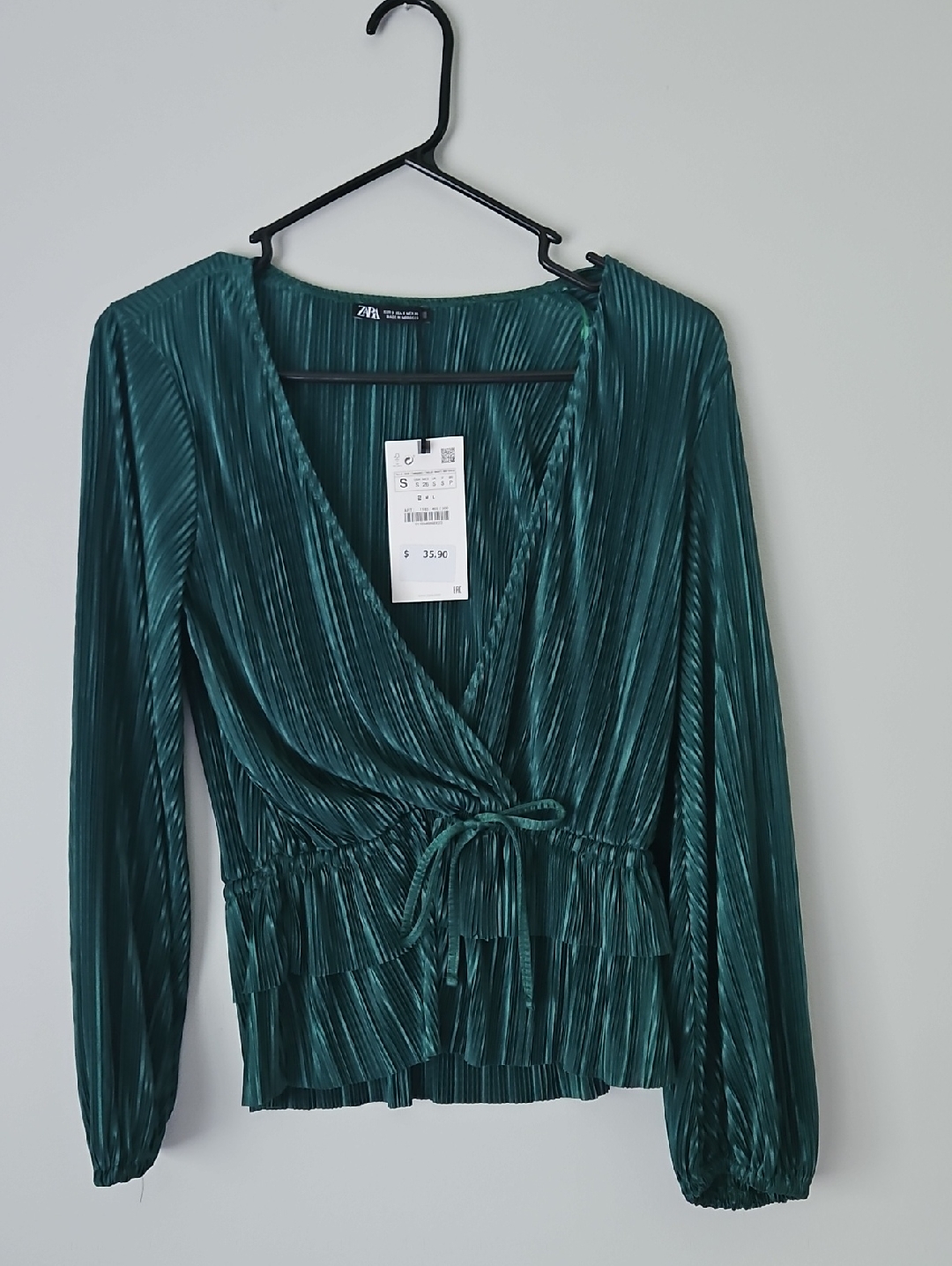 Zara Teal Green Pleated Wrap Top